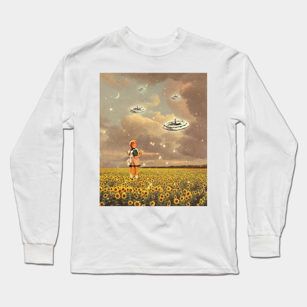 Over Sunflowers Long Sleeve T-Shirt by CollageSoul